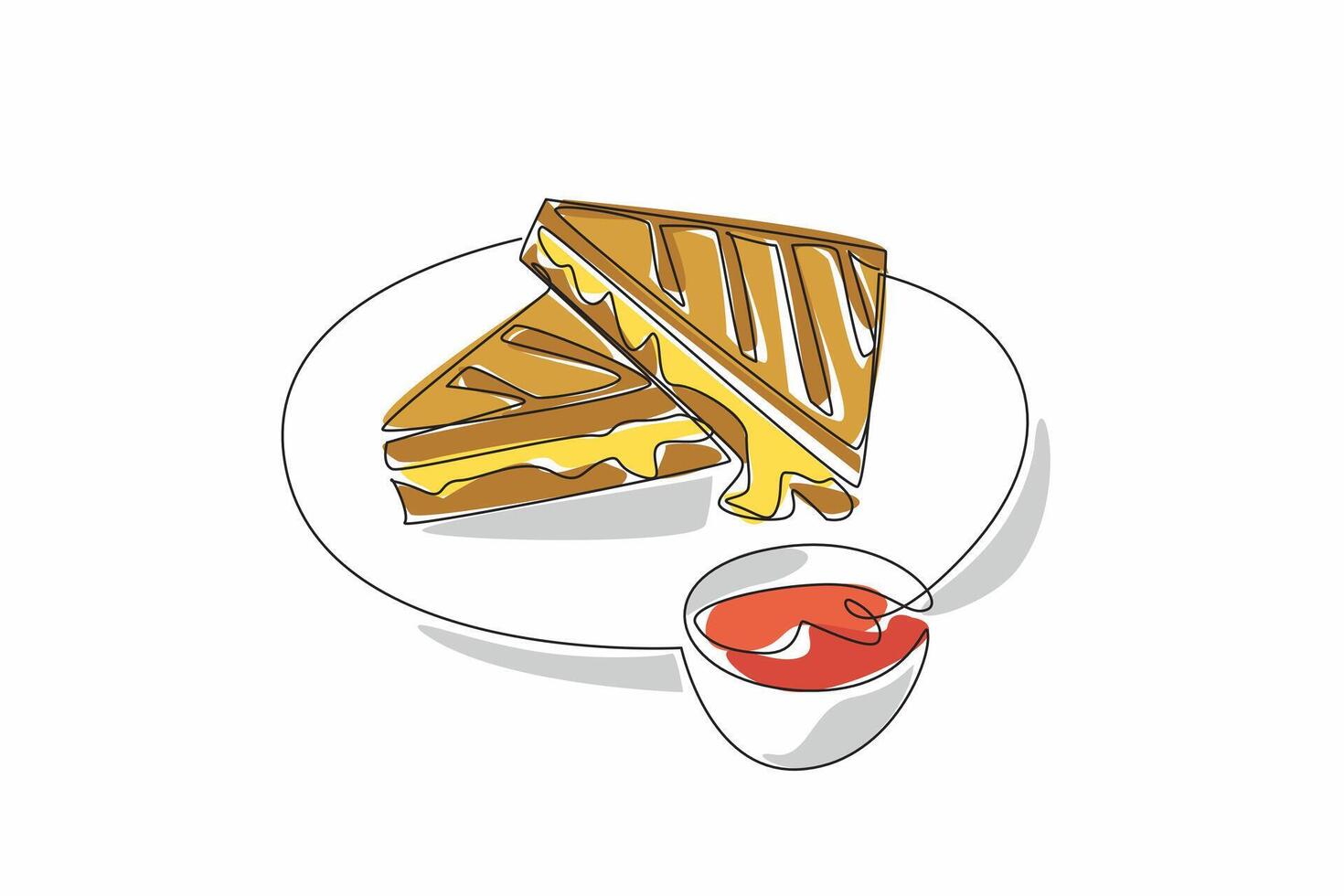 Continuous one line drawing 2 pieces of grilled cheese sandwich stacked with melted cheese on a plate. Appetizer. National Grilled Cheese Sandwich Day. Single line draw design illustration vector
