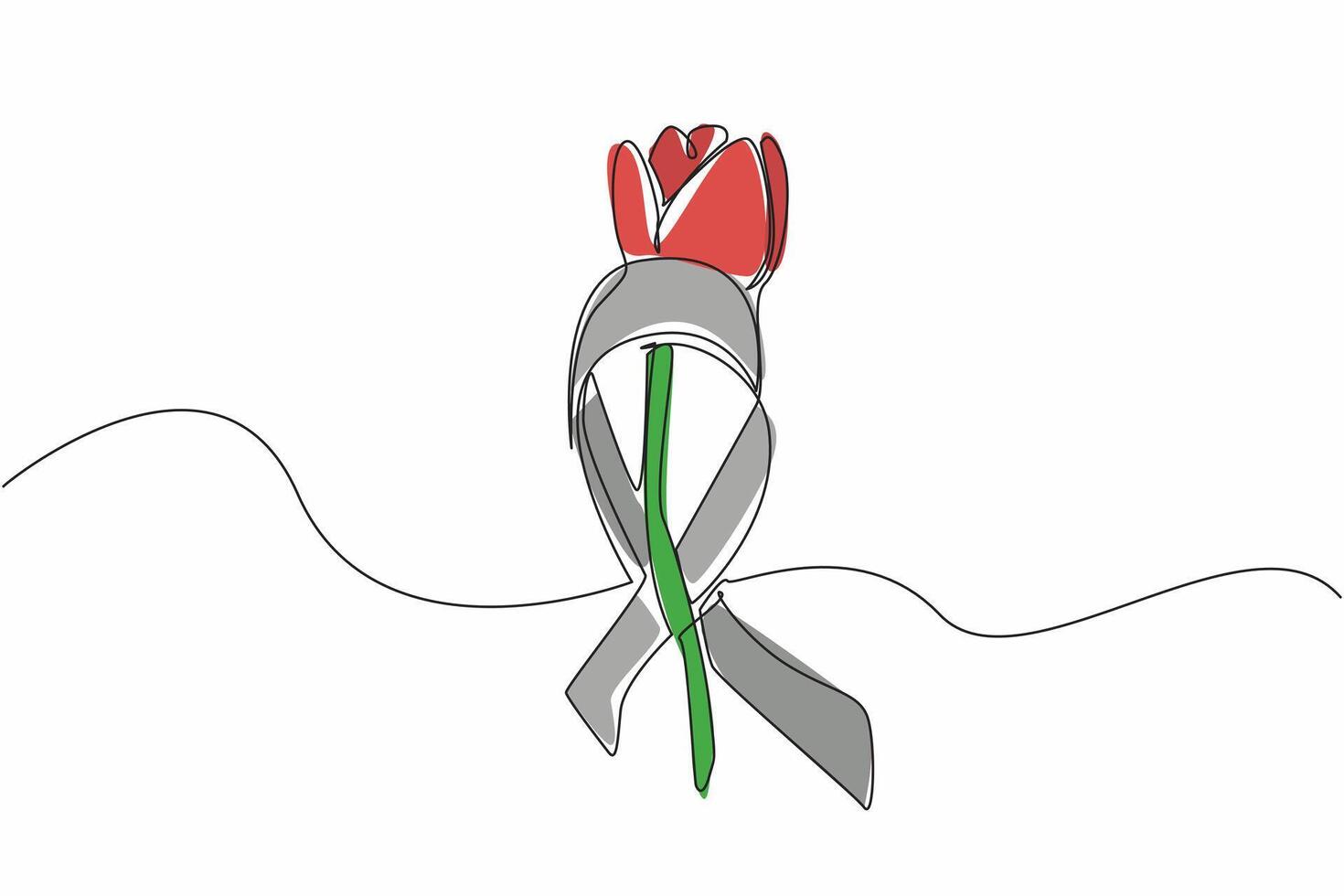 Continuous one line drawing stemmed red tulips were placed in the middle of gray campaign ribbons. Symbol of concern and sensitivity towards sufferers. Single line draw design illustration vector