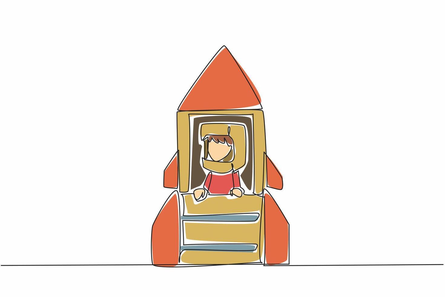 Single one line drawing boy riding a big cardboard rocket wearing cardboard helmet. Aspires to be a spaceship builder that flies to moon. Cosmonautics Day. Continuous line design graphic illustration vector