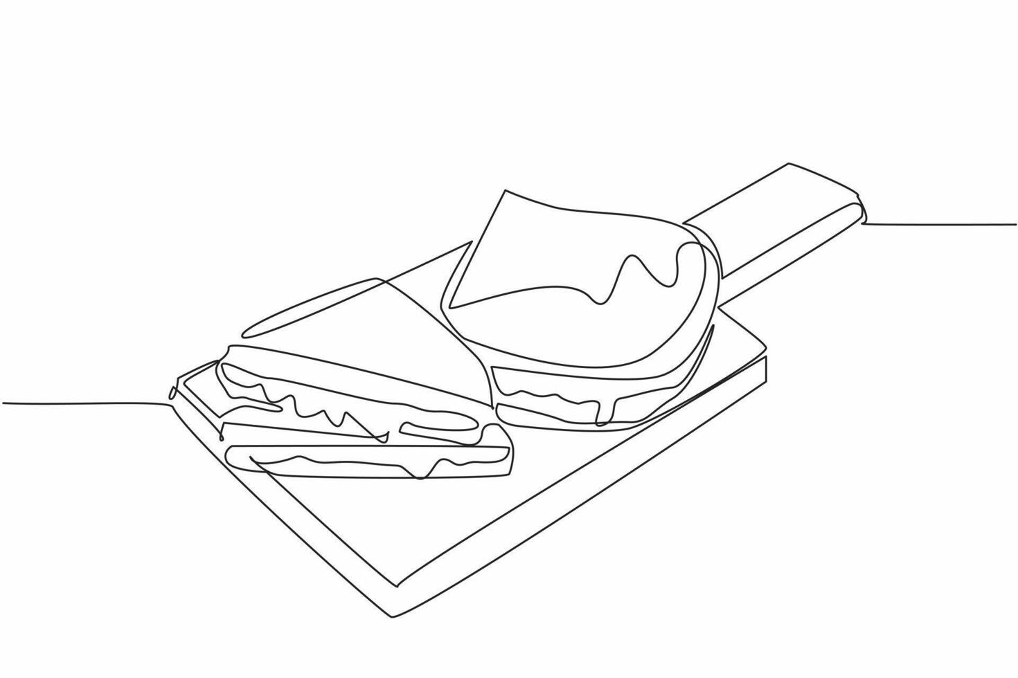 Single one line drawing 2 grilled cheese sandwiches on a cutting board. Abundant melted cheese. Deliciousness. Tasty. National Grilled Cheese Sandwich Day. Continuous line design graphic illustration vector