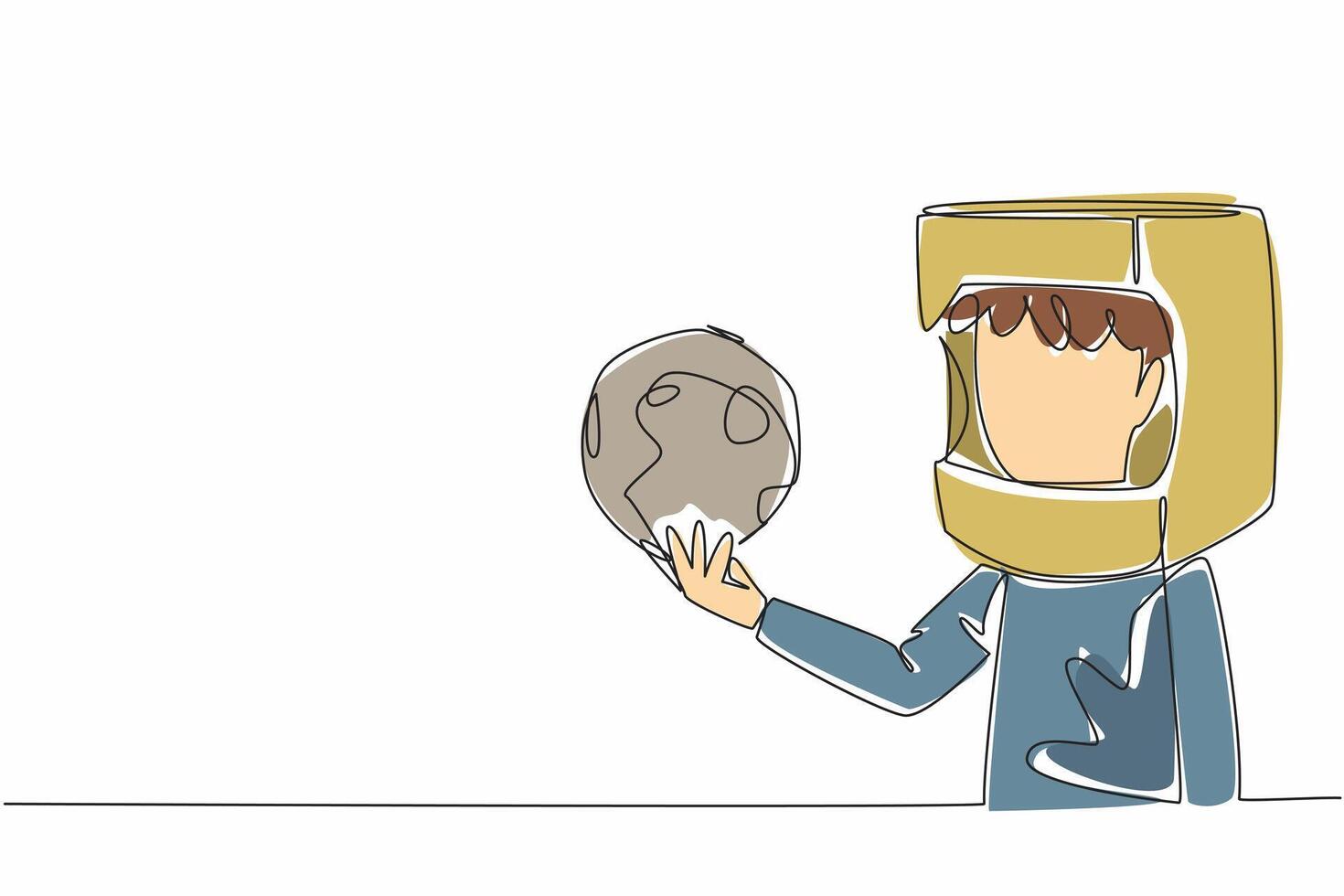 Single one line drawing boy wearing cardboard helmet holding miniature moon. Aspire as high as the moon. Become a spaceman. Cosmonaut. Cosmonautics Day. Continuous line design graphic illustration vector