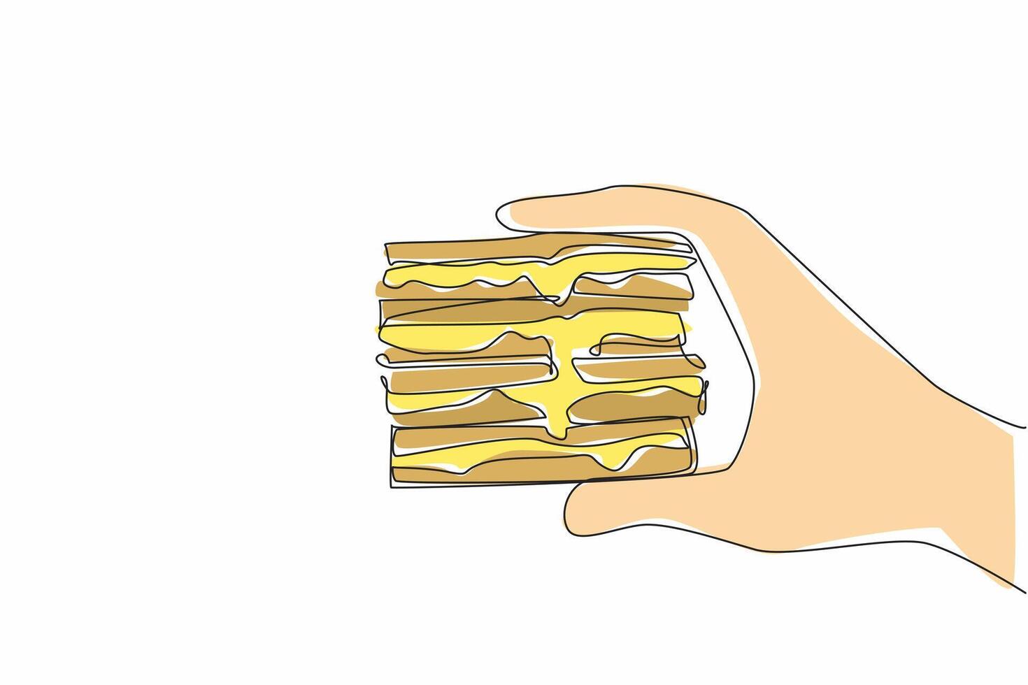 Continuous one line drawing hand holding several layers of grilled cheese sandwich. Devouring very quickly. Full. National Grilled Cheese Sandwich Day. Single line draw design illustration vector