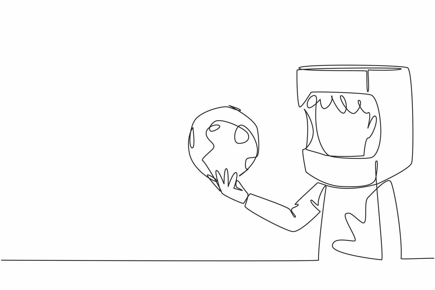 Single one line drawing boy wearing cardboard helmet holding miniature moon. Aspire as high as the moon. Become a spaceman. Cosmonaut. Cosmonautics Day. Continuous line design graphic illustration vector