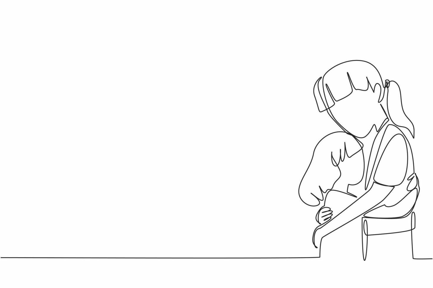 Continuous one line drawing two sisters hugging each other. Longing hug. Body language that speaks. Love each other. Sisterhood. National Siblings Day. Single line draw design illustration vector