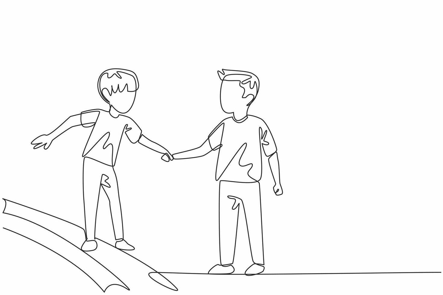 Continuous one line drawing boy holding his little brother walking on the edge of the sidewalk. Good example in the family. Guard. National Siblings Day. Single line draw design illustration vector