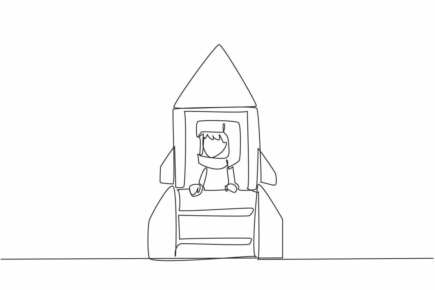 Single one line drawing boy riding a big cardboard rocket wearing cardboard helmet. Aspires to be a spaceship builder that flies to moon. Cosmonautics Day. Continuous line design graphic illustration vector