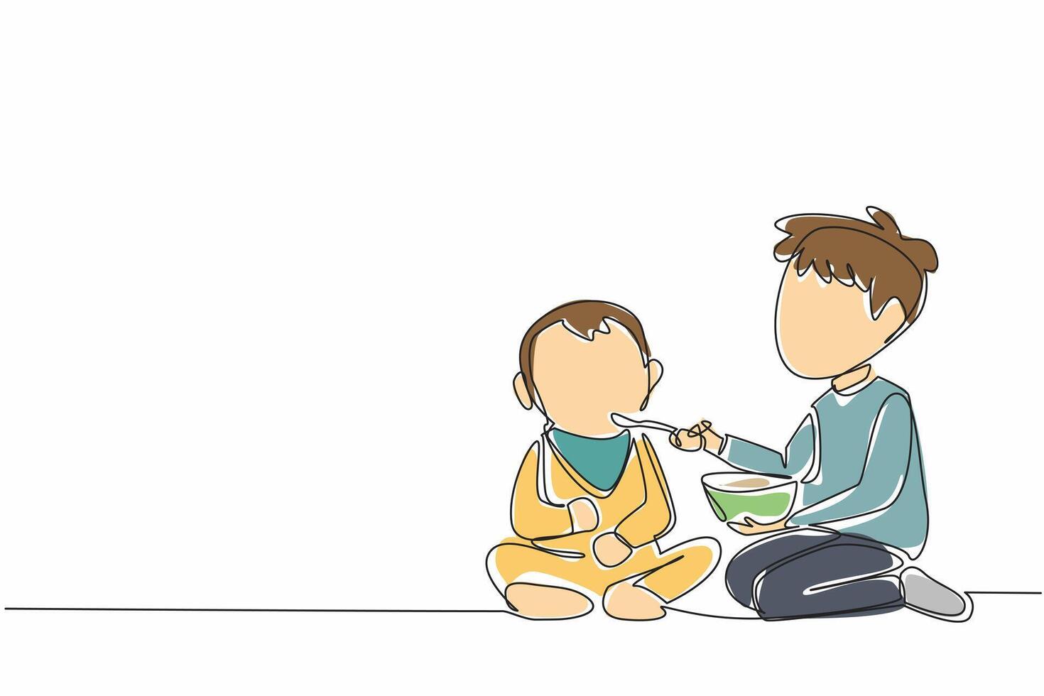 Single one line drawing the older brother feeds his younger brother. Patiently and carefully put the spoon into the mouth. Loving. National Siblings Day. Continuous line design graphic illustration vector