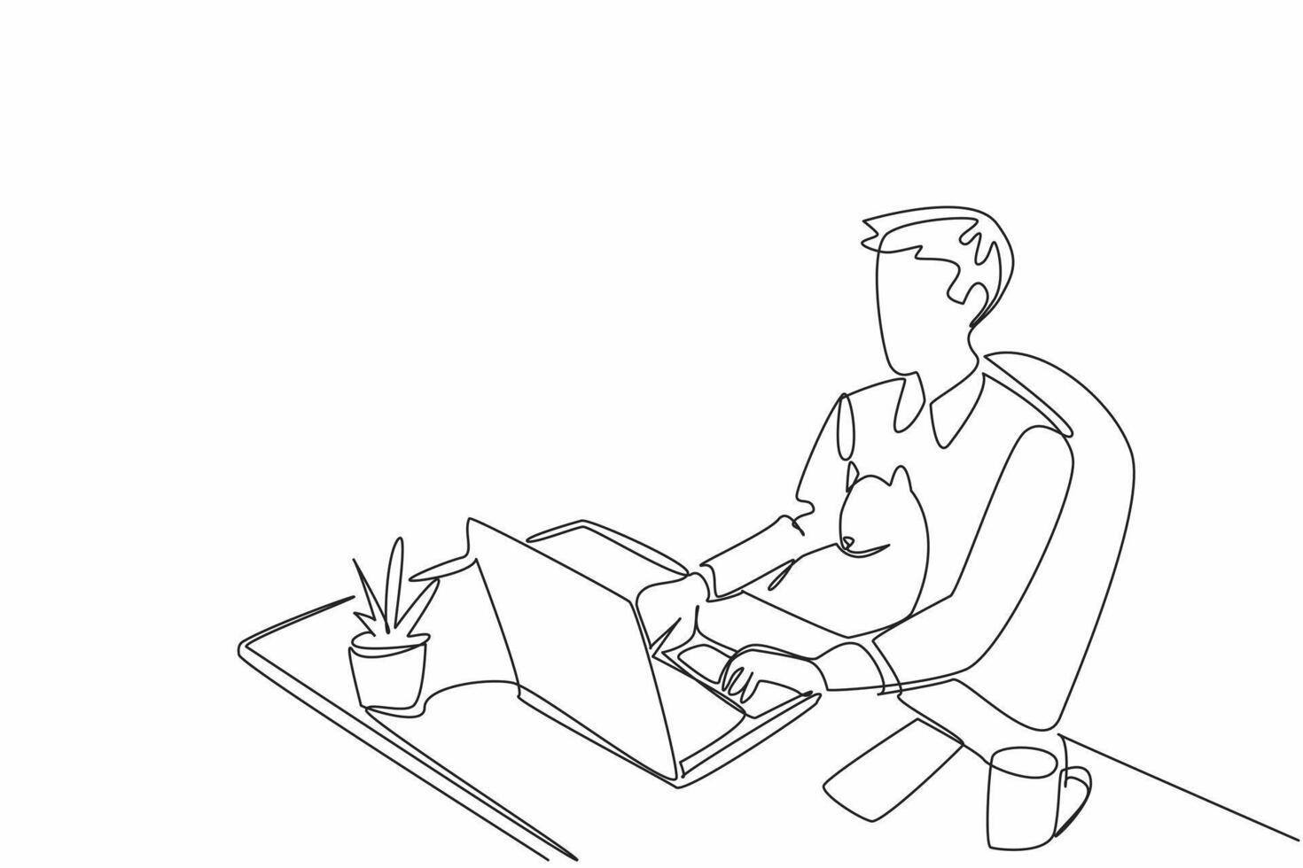 Single one line drawing man typing on laptop while holding cat. Working while caring for animals. Showing cat videos on laptop screen. National Pet Day. Continuous line design graphic illustration vector
