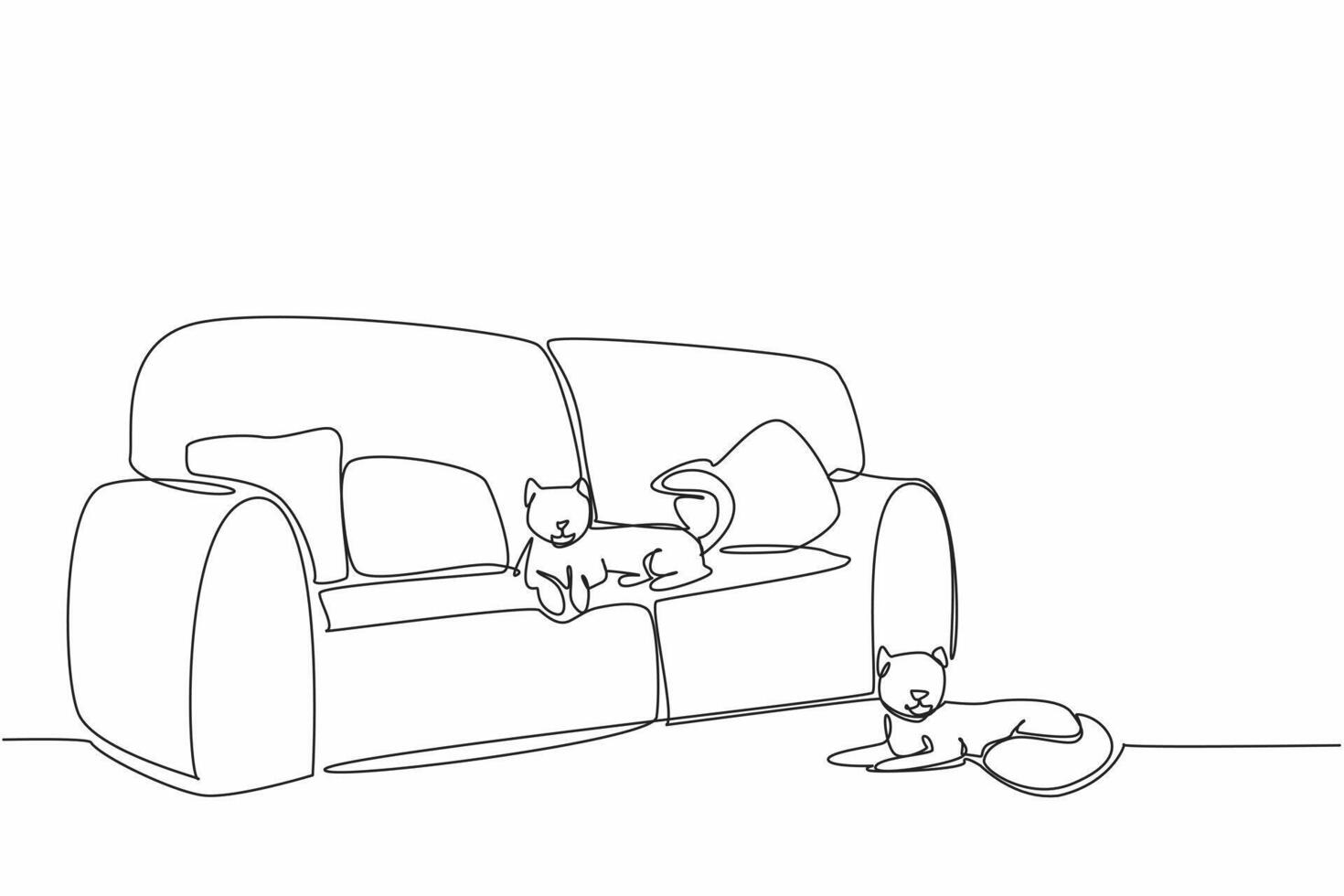 Single continuous line drawing a cat lying on a very soft long sofa and another cat lying on the floor. Same destination different place. Relax. National Pet Day. One line design illustration vector
