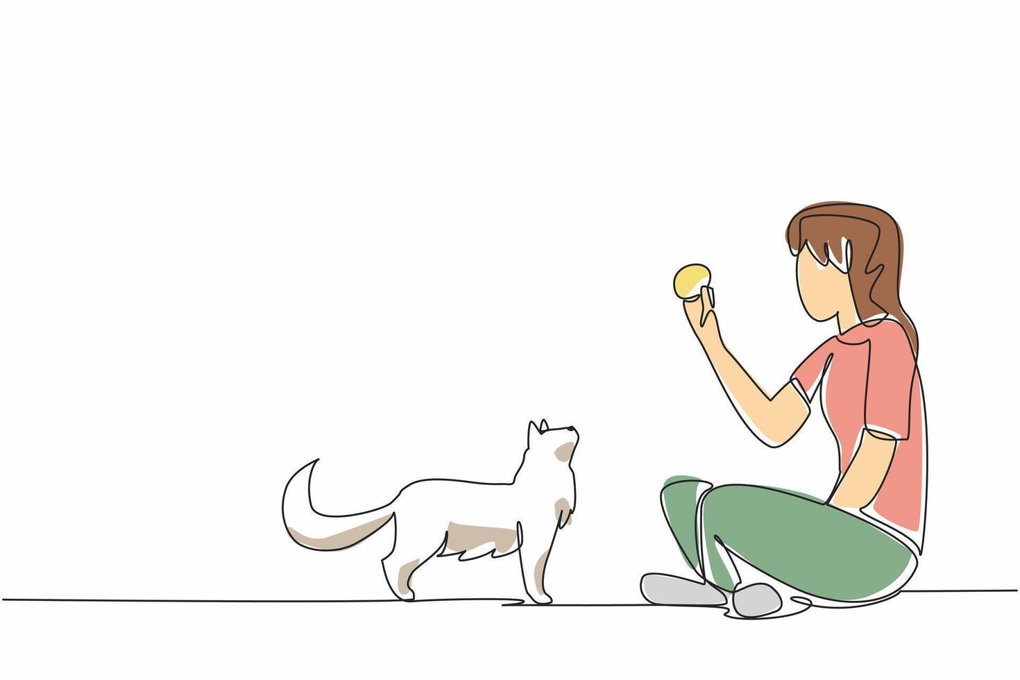 Single one line drawing woman sitting cross-legged playing knitting ball with her cat. Train the sensitivity of a cat. Increase bonding. National Pet Day. Continuous line design graphic illustration vector