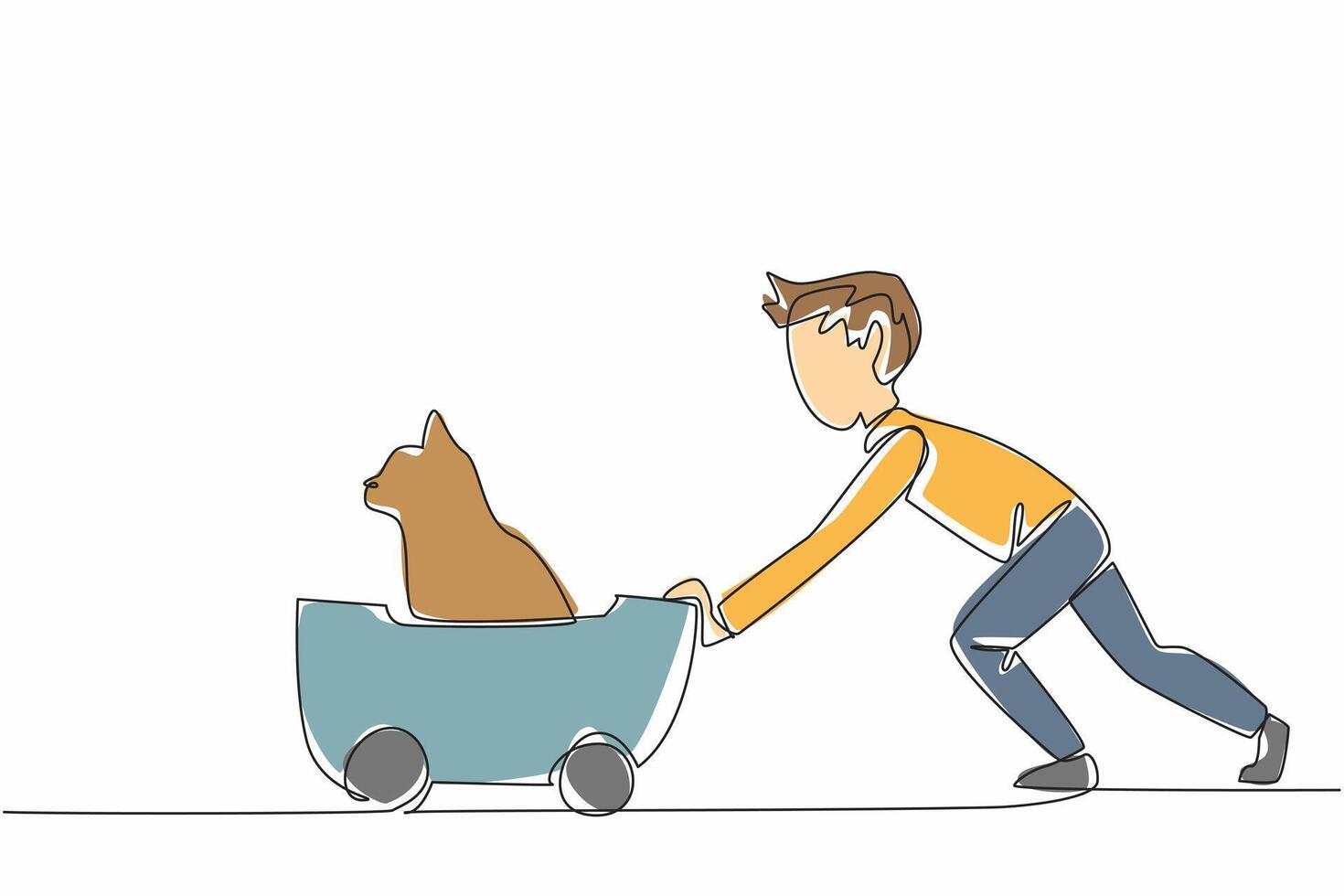 Single one line drawing a boy is pushing a wheeled cart containing a cat. Playing happily. Taking care of pets. Fun and cheerful. Cute. National Pet Day. Continuous line design graphic illustration vector