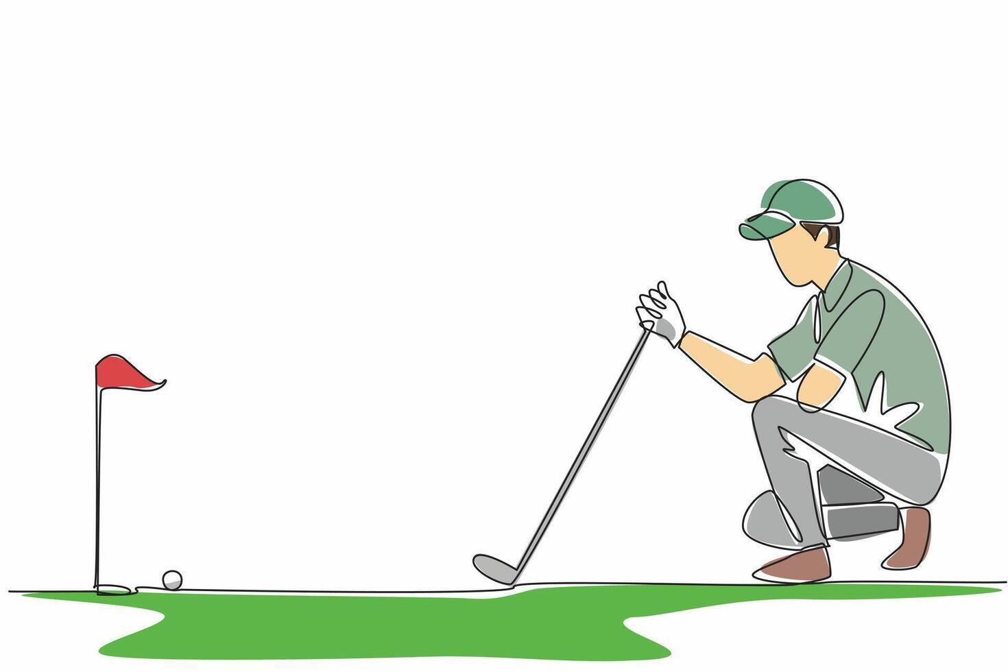Continuous one line drawing man kneeling hold golf club watching golf ball. Measure angle for and distance to field ball. The amateur like a professional. Single line draw design illustration vector
