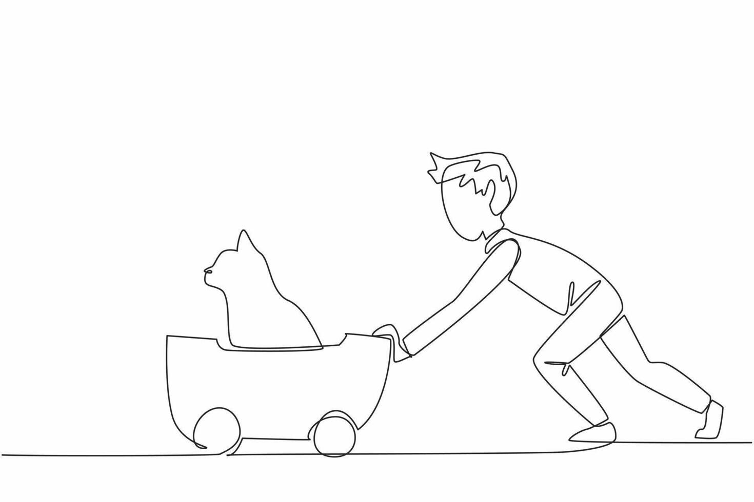 Single one line drawing a boy is pushing a wheeled cart containing a cat. Playing happily. Taking care of pets. Fun and cheerful. Cute. National Pet Day. Continuous line design graphic illustration vector