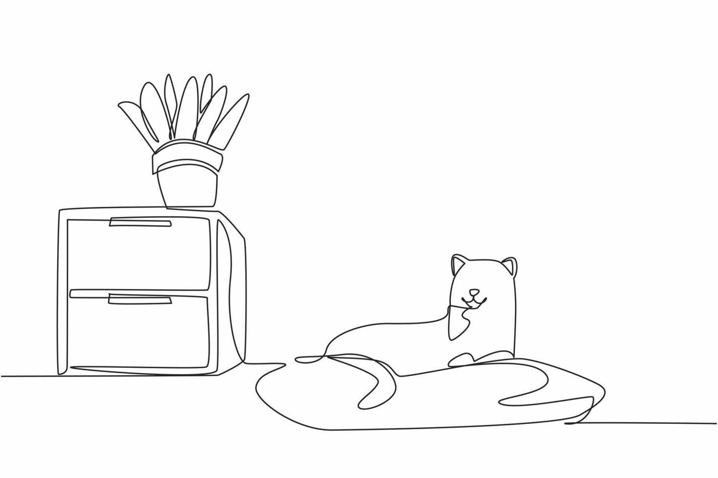 Continuous one line drawing cat lying on the floor pillow. Relaxing waiting for the master in the living room. Fake plant pot. Adorable. National Pet Day. Single line draw design illustration vector