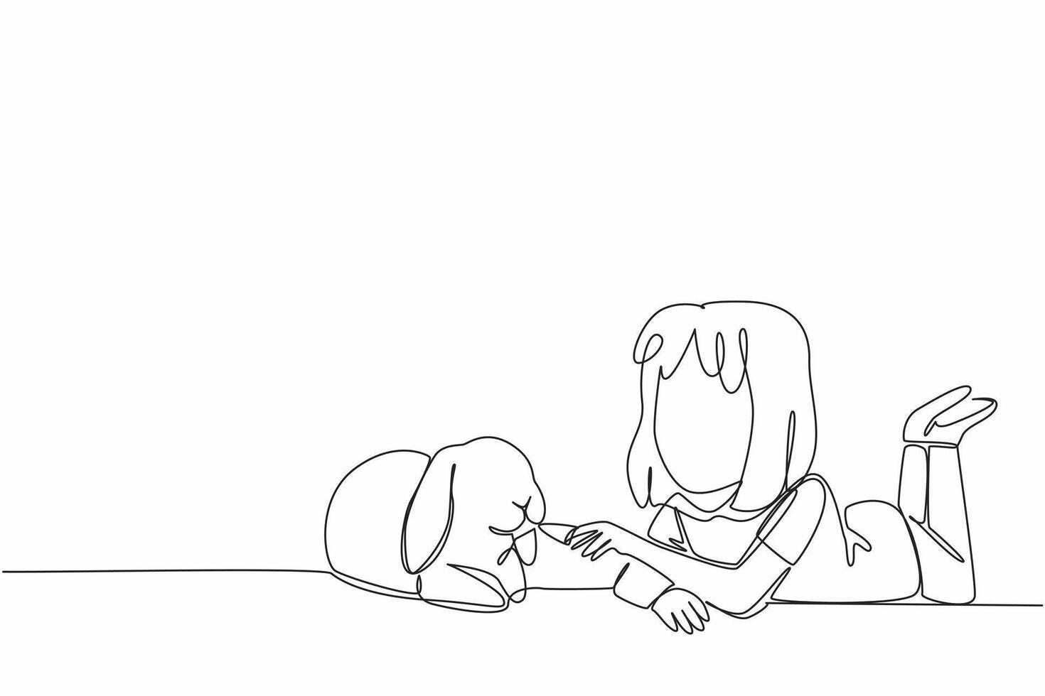 Single continuous line drawing little girl prone to feeding favorite food to rabbit. Never get tired of caring. Livestock. Fresh carrot. National Farm Animals Day. One line design illustration vector