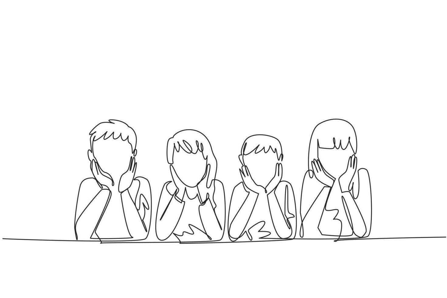 Single continuous line drawing group of brothers and sisters lying face down supporting their cheeks. Brotherhood. Sisterhood. Adorable pose. National Siblings Day. One line design illustration vector