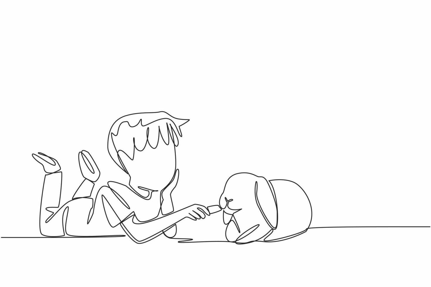 Single one line drawing boy prone to feeding carrots to rabbit. Casually caring with full affection. Favorite food. Stay healthy. National Farm Animals Day. Continuous line design graphic illustration vector
