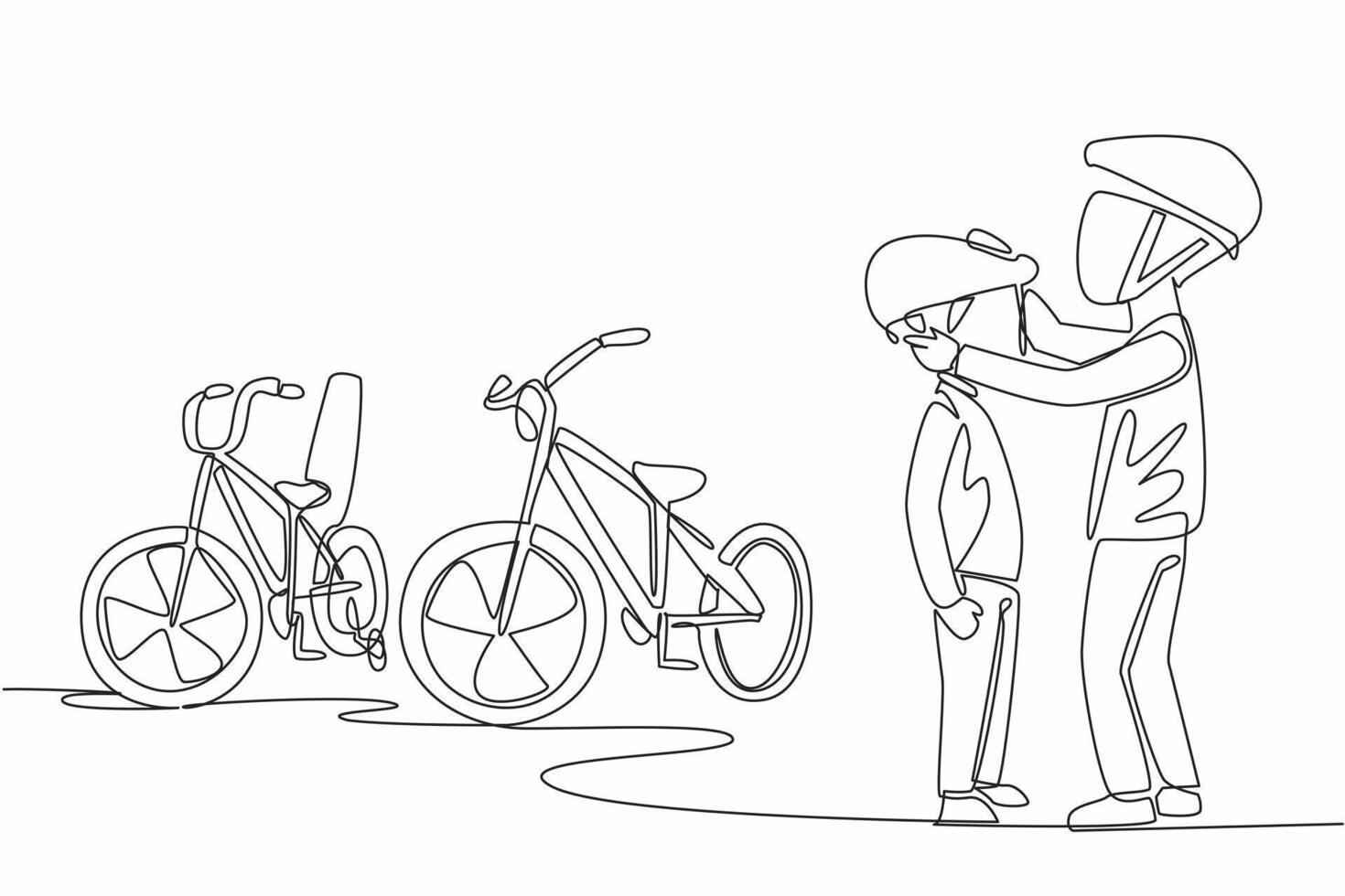 Single continuous line drawing Big brother helps put bike helmet on his little brother. Commendable traits. Family members love each other. National Siblings Day. One line design illustration vector