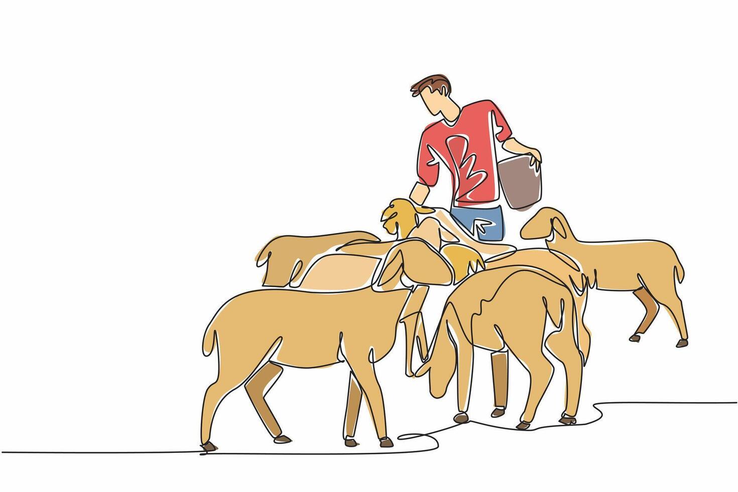 Single one line drawing male energetic farmer is feeding from a bucket to a crowd of sheep. Very obedient livestock. Persistent. National Farm Animals Day. Continuous line design graphic illustration vector