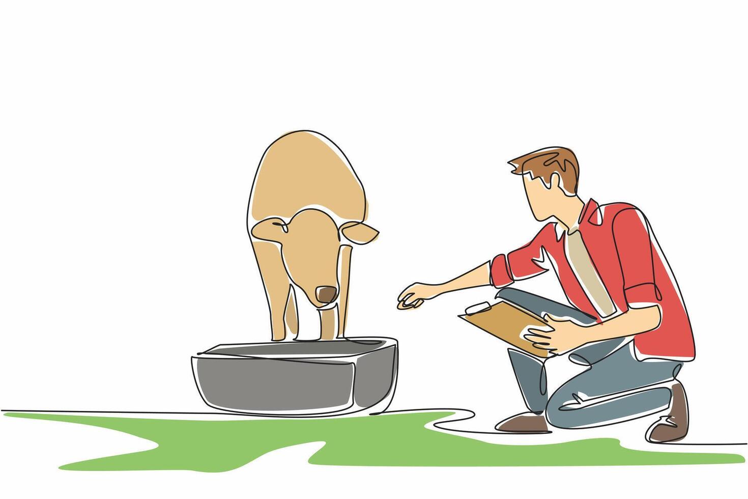 Single one line drawing male farmer kneeling with clipboard feeding a calf with its feeder. Full of diligence and patience. National Farm Animals Day. Continuous line design graphic illustration vector