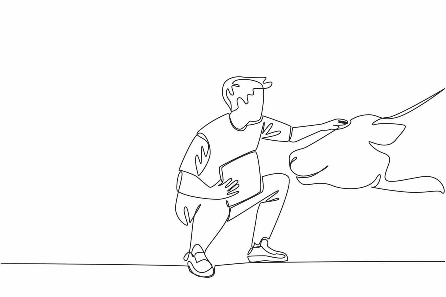 Single continuous line drawing male farmer kneel with clipboard and stroking head of cow. Weekly report notes. Ideal weight of livestock. National Farm Animals Day. One line design illustration vector