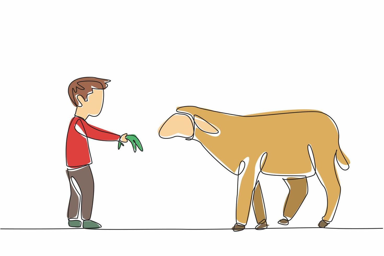 Single continuous line drawing boy is feeding grass to sheep. Grass and hair growth stimulant mixture. Faster harvest. The little farmer. National Farm Animals Day. One line design illustration vector