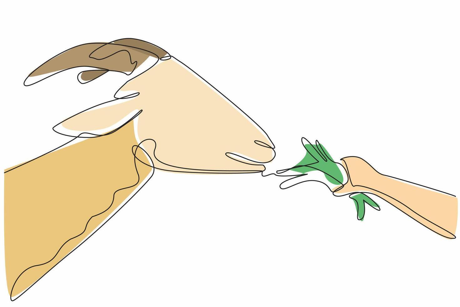 Continuous one line drawing hand of children feeding grass to goats. Long horn. Beloved pets. Can produce healthy pure milk. National Farm Animals Day. Single line draw design illustration vector