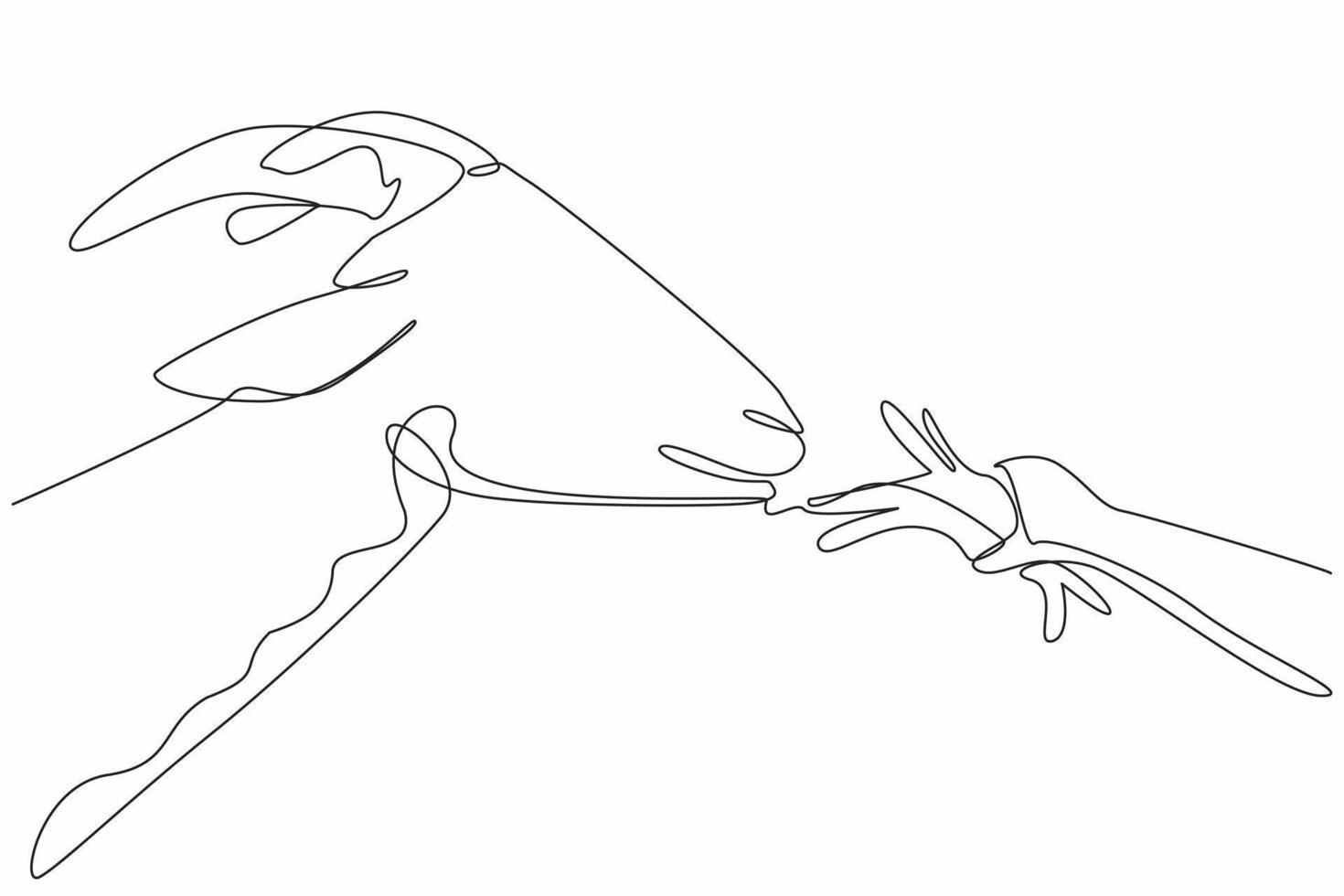 Continuous one line drawing hand of children feeding grass to goats. Long horn. Beloved pets. Can produce healthy pure milk. National Farm Animals Day. Single line draw design illustration vector