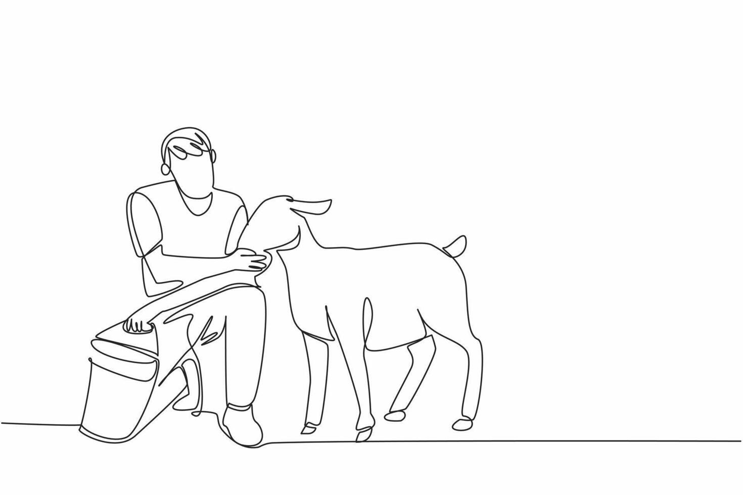 Single continuous line drawing male farmer kneeling holding bucket and feeding sheep. Be patient in harvesting feathers to make wool. National Farm Animals Day. One line design illustration vector