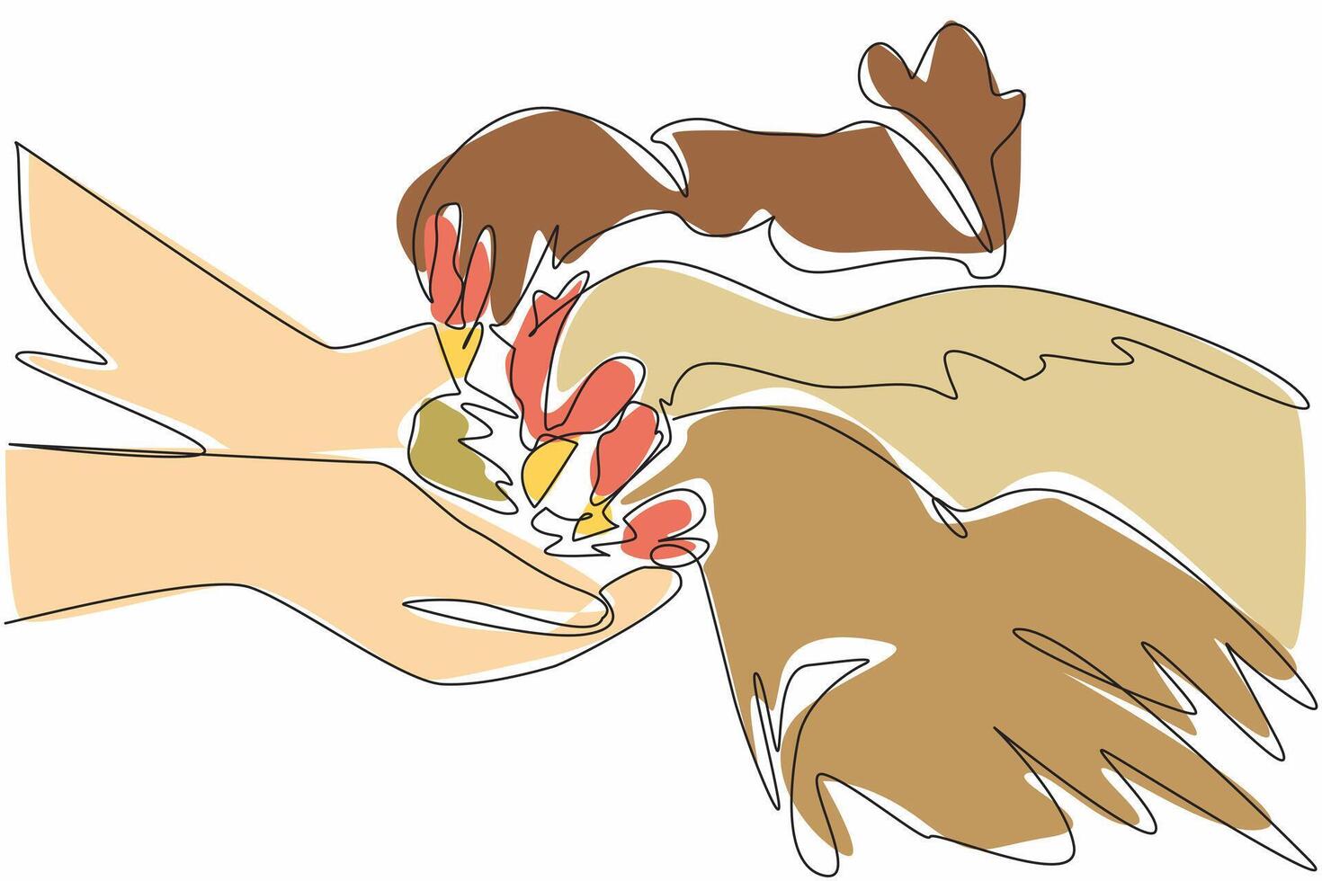 Continuous one line drawing two hands holding chicken food and several chickens surround hands. Chicken farmer. The best feed. National Farm Animals Day. Single line draw design illustration vector