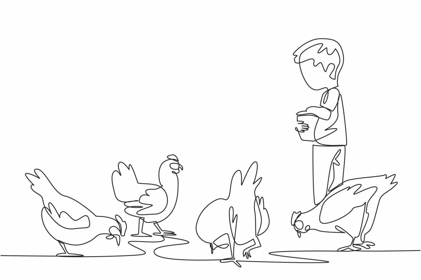 Single one line drawing a boy carrying a small bucket and sprinkling food on chickens. Young farmer. Learning from an early age. National Farm Animals Day. Continuous line design graphic illustration vector