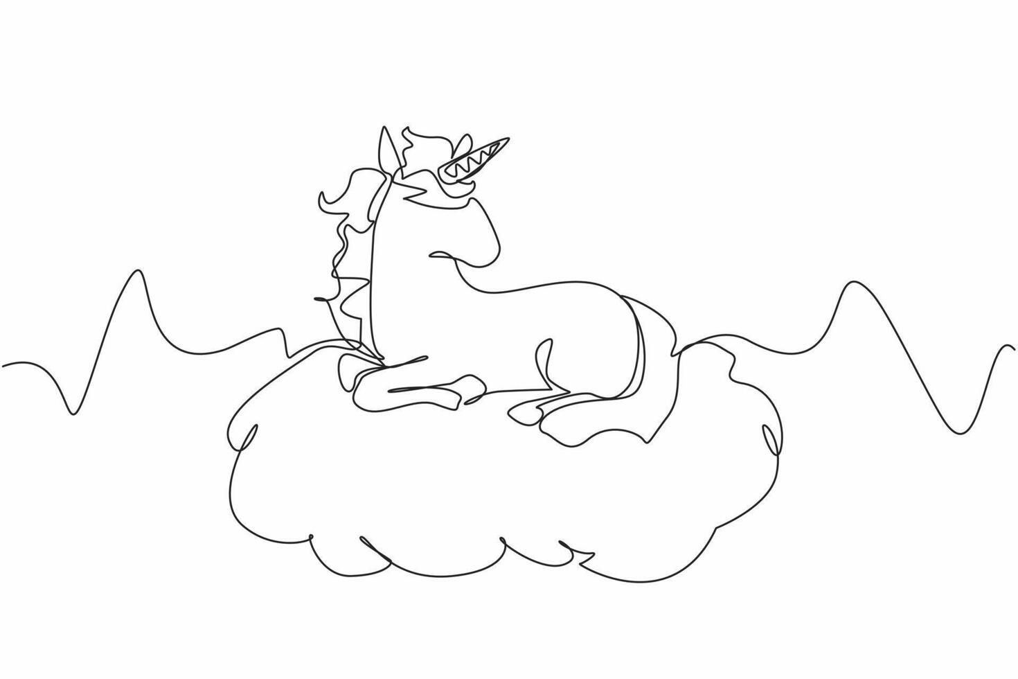 Single one line drawing unicorn sitting on a cloud. A depiction of a calming paradise. Peaceful. Fantasy. Equine. Character. Folklore. National Unicorn Day. Continuous line design graphic illustration vector