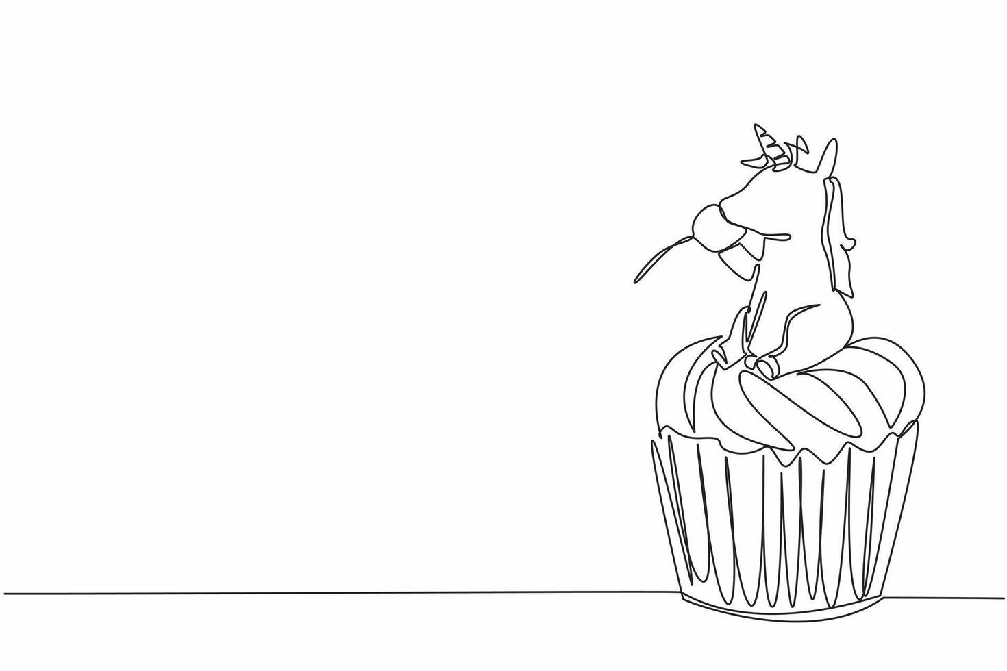 Continuous one line drawing cupcake with unicorn head on top eat cherry. Perfect combination. Very much liked by children. National Unicorn Day - Cupcake. Single line draw design illustration vector