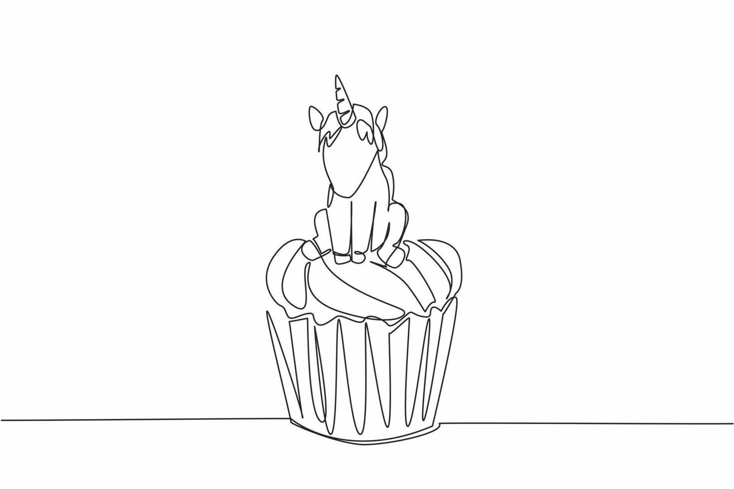 Single continuous line drawing cupcake with a unicorn sitting on top. Cake celebrates success. Pampering children with sweet snack. National Unicorn Day - Cupcake. One line design illustration vector
