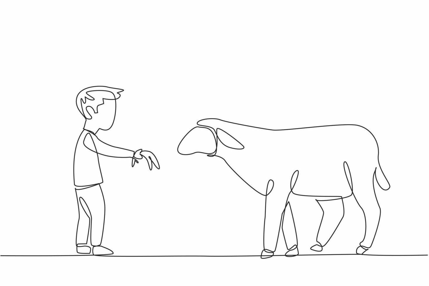 Single continuous line drawing boy is feeding grass to sheep. Grass and hair growth stimulant mixture. Faster harvest. The little farmer. National Farm Animals Day. One line design illustration vector