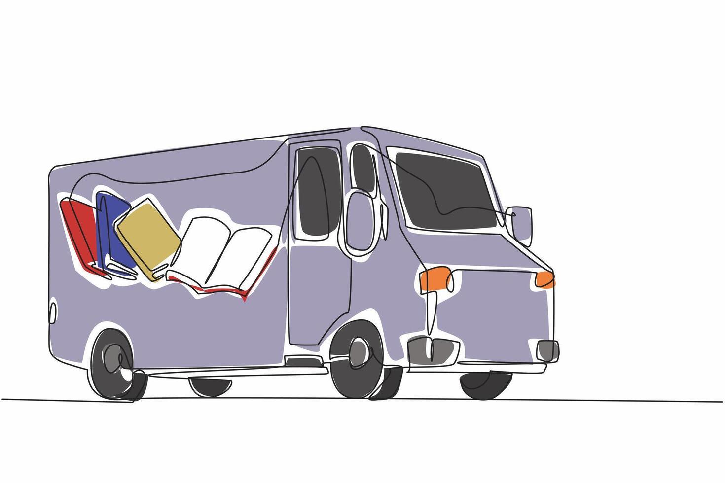 Single continuous line drawing school bus with pictures of books on the side of body. Positive activities to increase interest in reading. National Bookmobile Day. One line design illustration vector