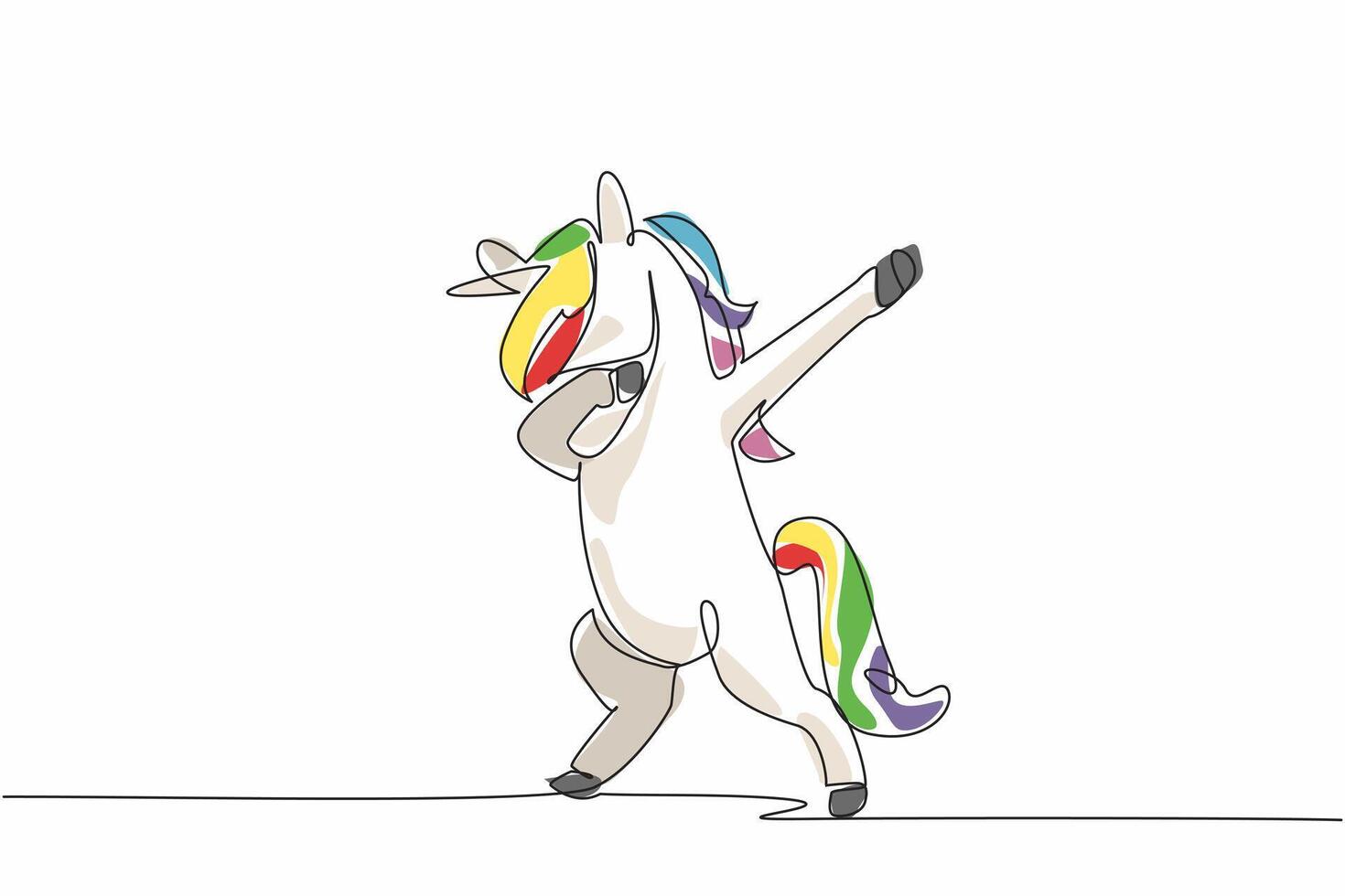 Single one line drawing unicorn standing while doing dabbing pose. The cheerful one. A character who entertains anyone. Mythology. National Unicorn Day. Continuous line design graphic illustration vector