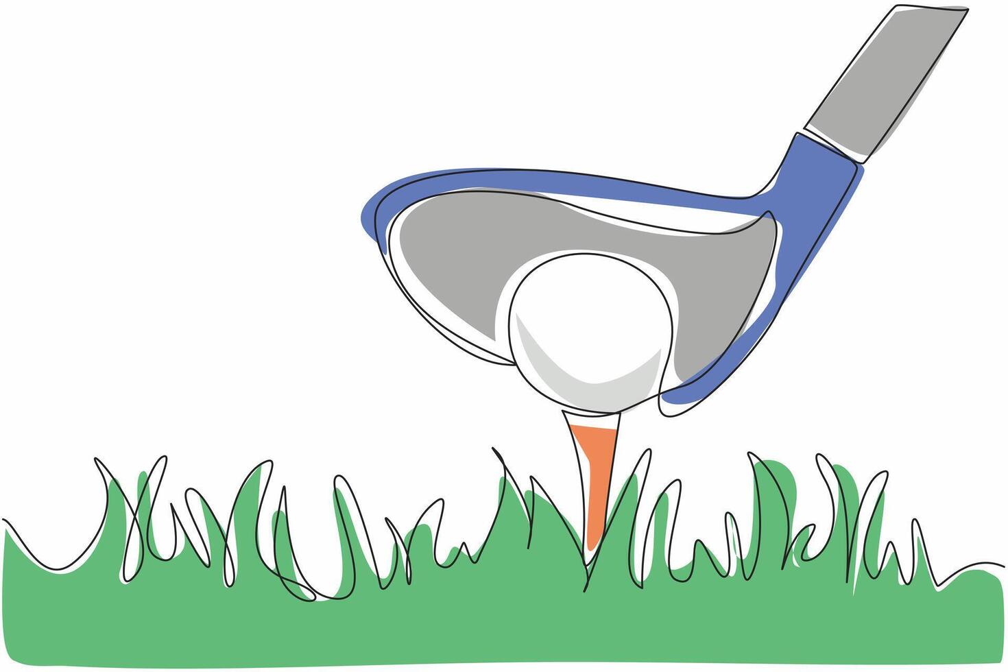 Single one line drawing golf ball on the grass and behind it is a golf club. Taking a running start to make it easier to hit. Preparation before hitting. Continuous line design graphic illustration vector