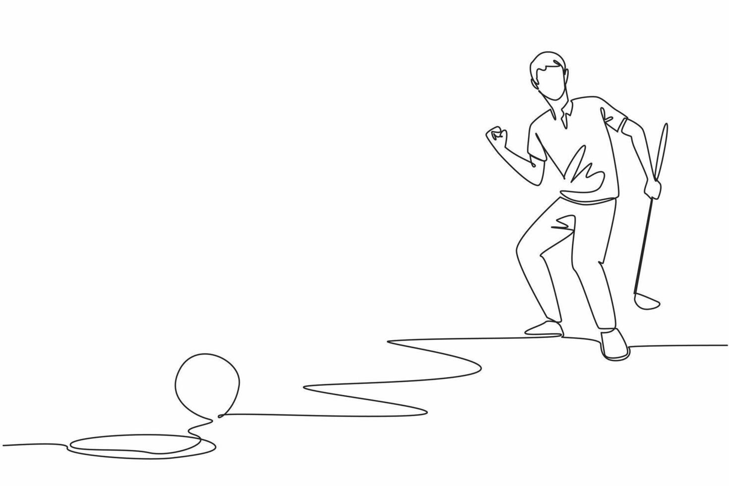 Single one line drawing man holding golf club celebrating seeing golf ball almost go into hole. The results of hours of practice are starting to show. Continuous line design graphic illustration vector