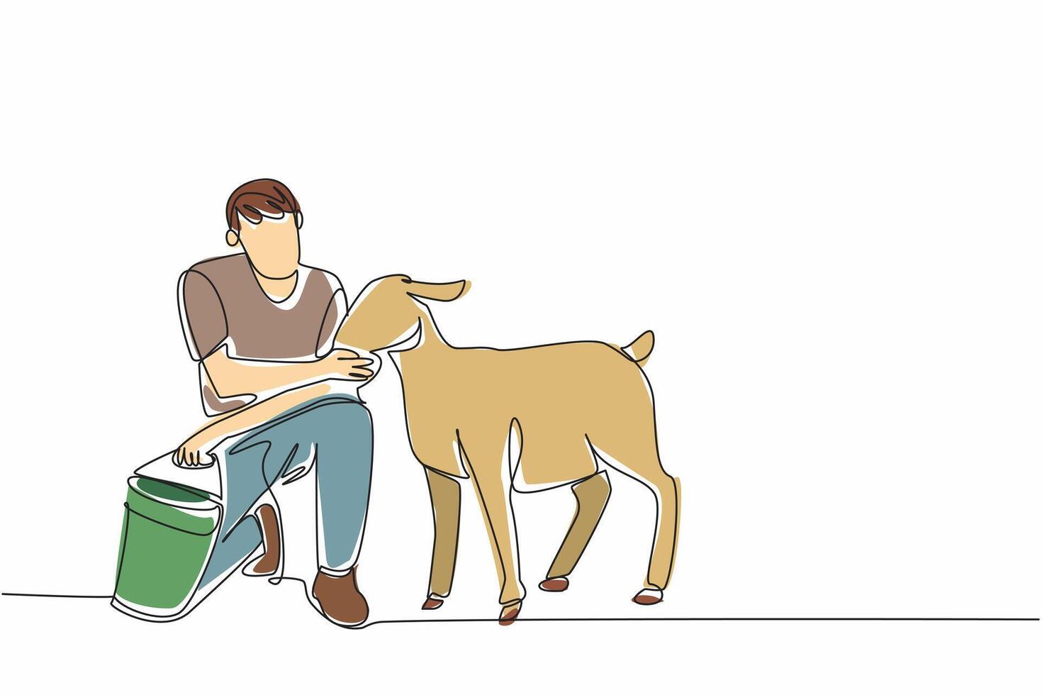 Single continuous line drawing male farmer kneeling holding bucket and feeding sheep. Be patient in harvesting feathers to make wool. National Farm Animals Day. One line design illustration vector