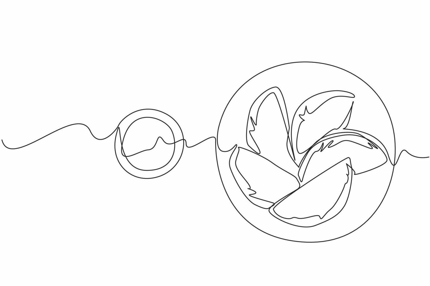 Single one line drawing 5 pcs empanadas on a small round plate and make a circle line. Freshly cooked food. Sauce as a complement. National Empanada Day. Continuous line design graphic illustration vector