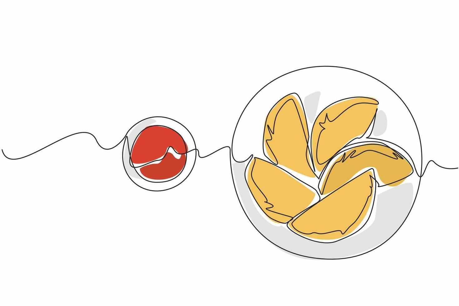 Single one line drawing 5 pcs empanadas on a small round plate and make a circle line. Freshly cooked food. Sauce as a complement. National Empanada Day. Continuous line design graphic illustration vector