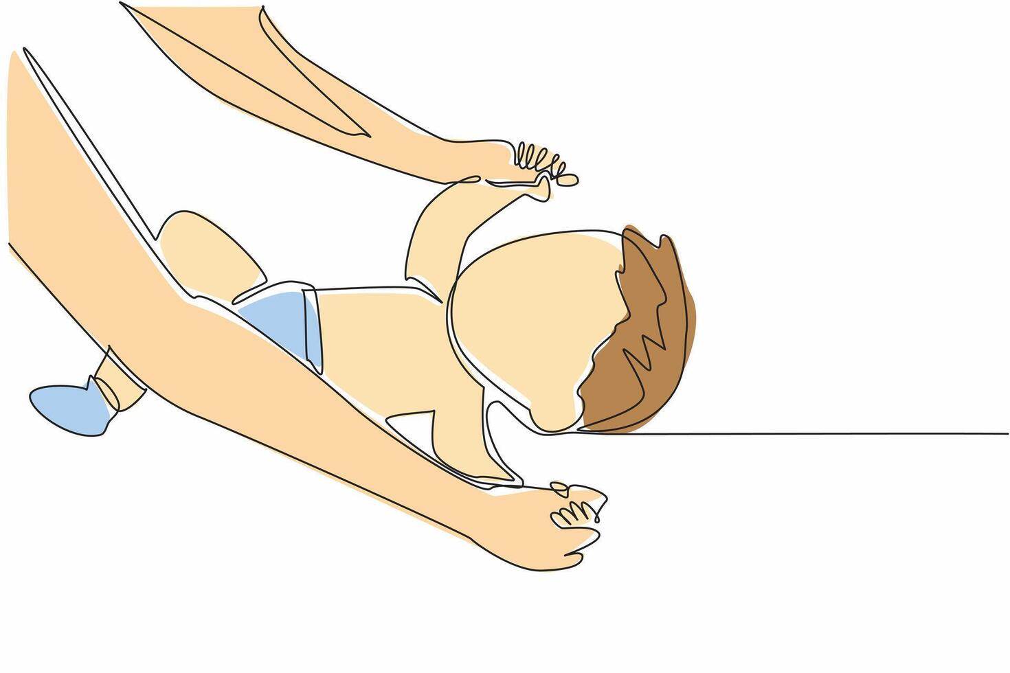 Single one line drawing hand of baby is lifted by his mother. Like doing warm-up movements. Stretching is needed for the little one. Love. Baby Massage Day. Continuous line design graphic illustration vector