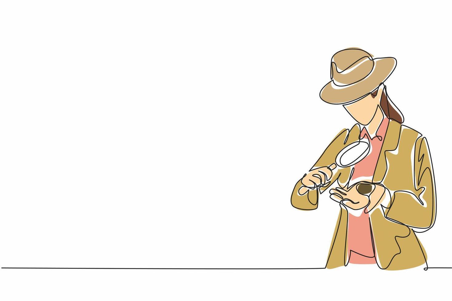 Single continuous line drawing a young woman looks at a rock in one of her hands using a magnifier. Hire experts for maximum results. Satisfying. Geologists Day. One line design illustration vector