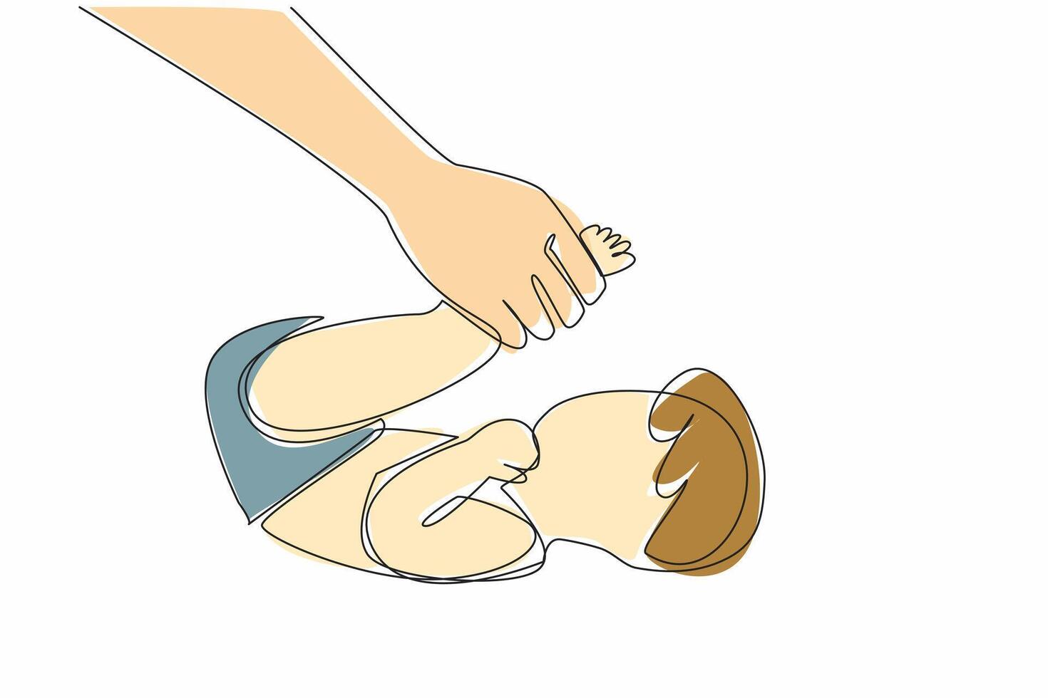 Single continuous line drawing baby massaged with both legs lifted. Stretching. Makes the baby more relaxed. Do it with warm baby oil. Affection. Baby Massage Day. One line design illustration vector
