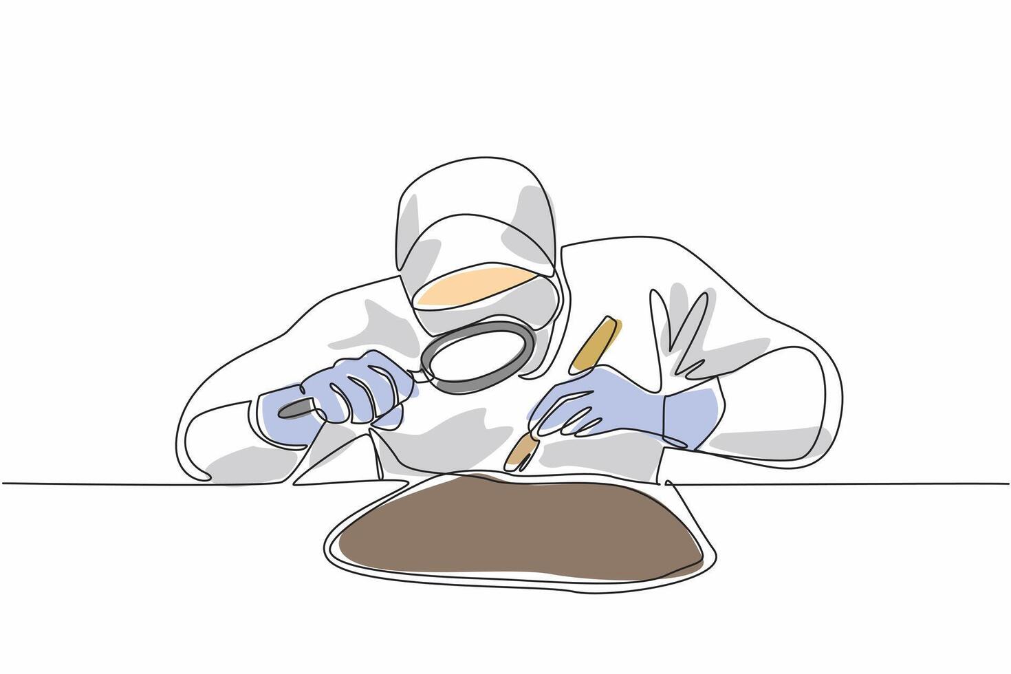 Single continuous line drawing people wearing full PPE checking some fairly large chunks of rock. Check the density of stone. Need important info. Geologists Day. One line design illustration vector