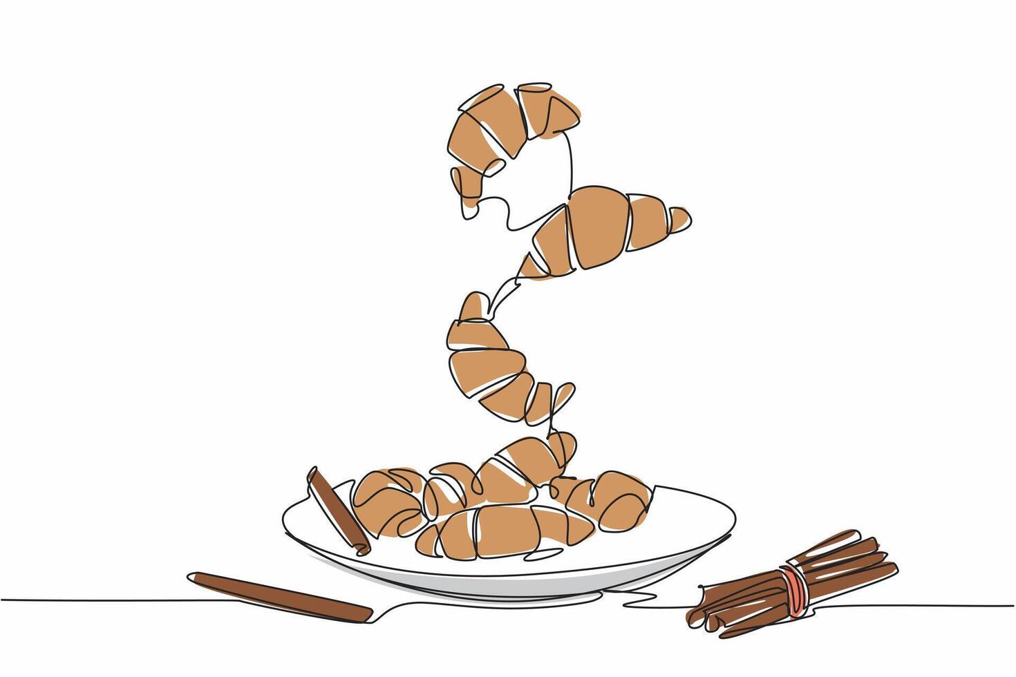 Single continuous line drawing some cinnamon crescents on plate and some flying. Some tied cinnamon sticks. Maintain body endurance. National Cinnamon Crescent Day. One line design illustration vector