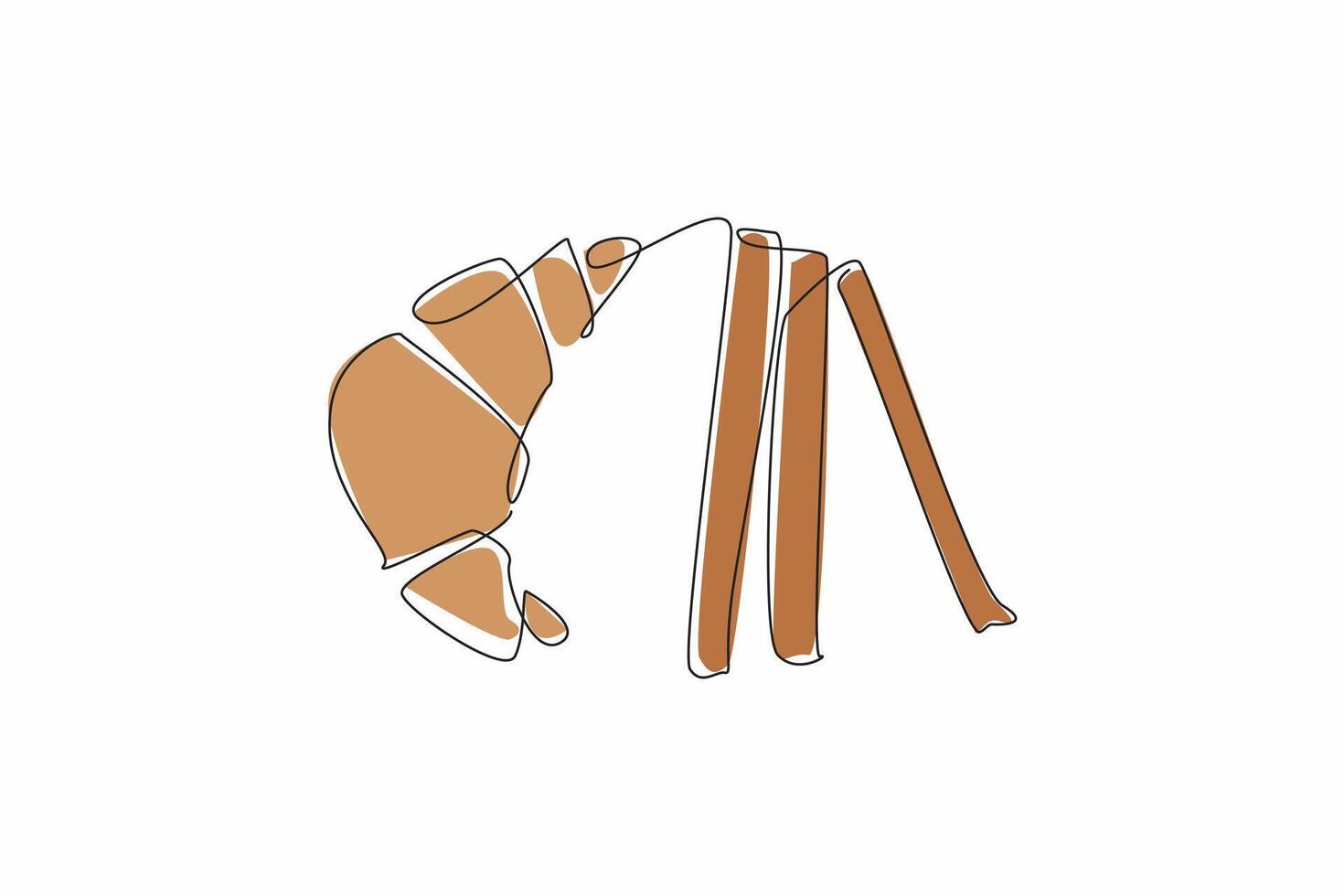 Single one line drawing a cinnamon crescent and some cinnamon sticks. For women, this snack can relieve menstrual pain. National Cinnamon Crescent Day. Continuous line design graphic illustration vector