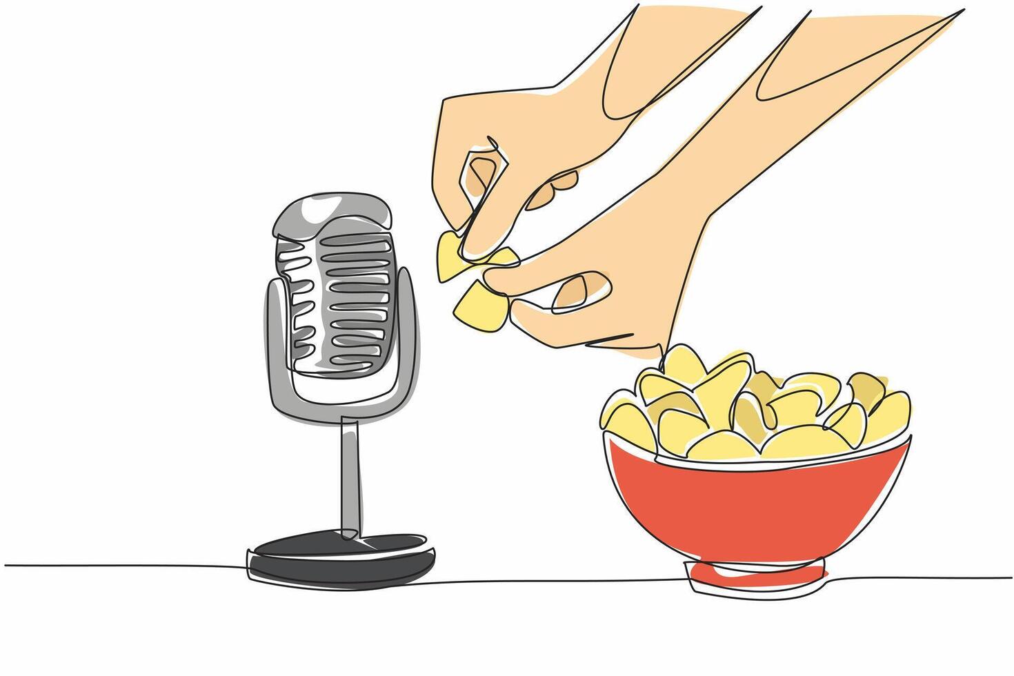 Single one line drawing hand plucks round potato chip and directs it towards the mic. A sound that stimulates appetite. Hungry. International ASMR Day. Continuous line design graphic illustration vector