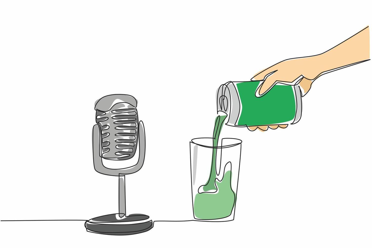 Single one line drawing hand pouring canned drink into glass with a mic. Creates a soothing sound effect when heard. Flowing softly. International ASMR Day. Continuous line design graphic illustration vector